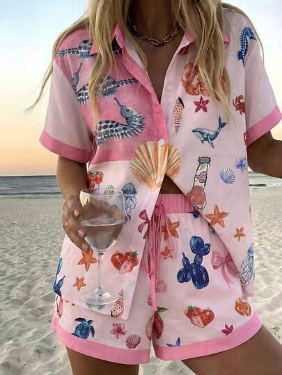 INAWLY Women's Vacation Shell Print Short Sleeve Single-Breasted Pocket Shirt And Shorts Casual Suit
