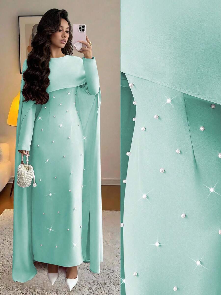Elenzga Abito da donna lungo e aderente per feste, in maglia, con collo rotondo, maniche lunghe a palloncino, decorazione con perle in vita, elegante e versatile, adatto per l'autunno/inverno - Menta Verde - Visualizzare 1