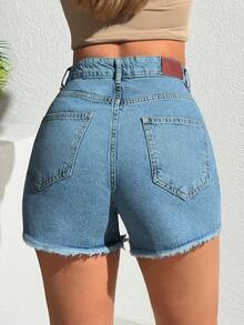 EURMUSE Pantalones cortos vaqueros de tiro alto con dobladillo deshilachado, estilo minimalista para uso casual/diario y vacaciones, 100% algodón - Lavado ligero - Ver 2