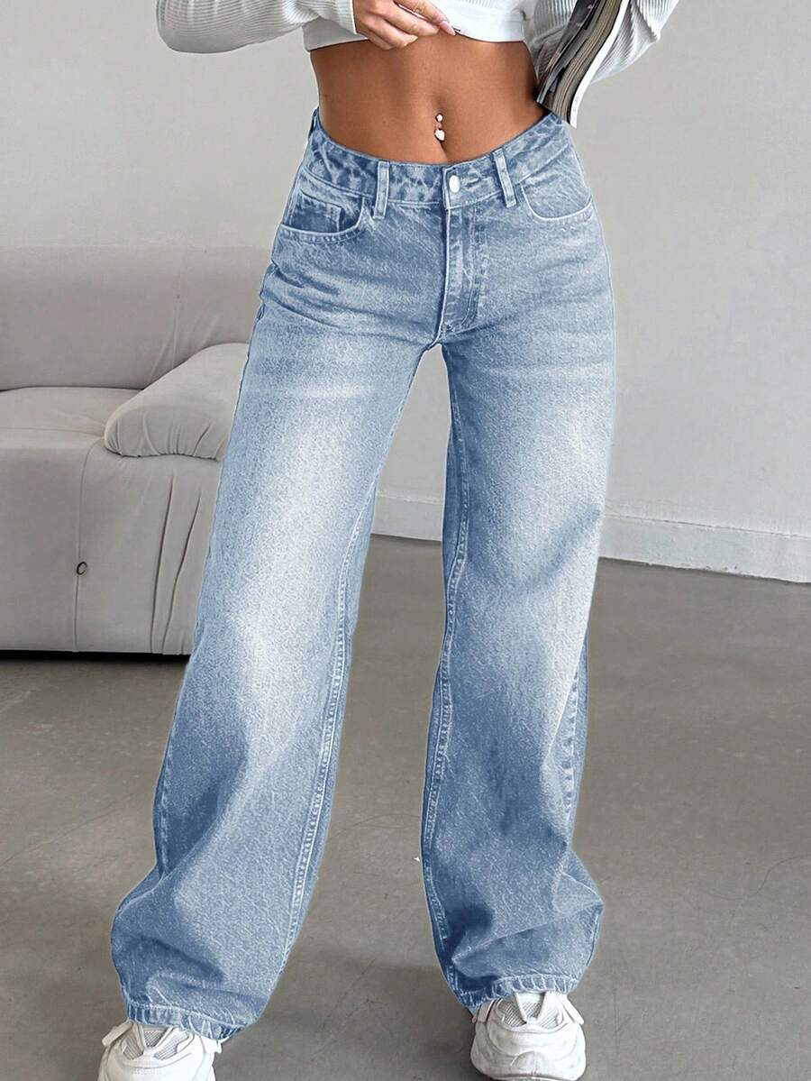 EURMUSE 女士休闲水洗低腰直筒牛仔裤 - 淺色水洗藍 - 查看 1