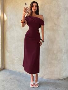 Aloruh Women's Commuter, Casual, Office Ruched Bodycon Mid-Length Dress, Spring/Summer - Maroon - View 8