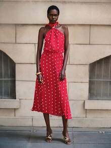 Lumivelle Women's Polka Dot Pleated Front Button Decor Summer Dress Red Polka Dot Dress Pleated Dress - Red - View 3