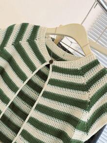 Franclia Multicolor Striped Knitwear Cardigan For Women Casual Short Length Cap Sleeve Round Neck Split Details - Multicolor - View 4