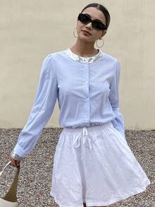 DAZY Women's Casual Sequin Patchwork Striped Round Neck Blouse, Spring/Summer - Blue - View 5