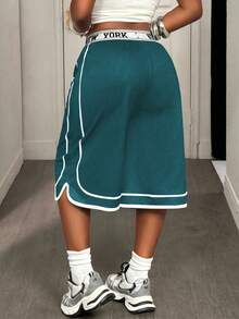 SHEIN PETITE Women's Letter Print Elastic Waist Loose Casual Shorts - Navy Blue - View 2