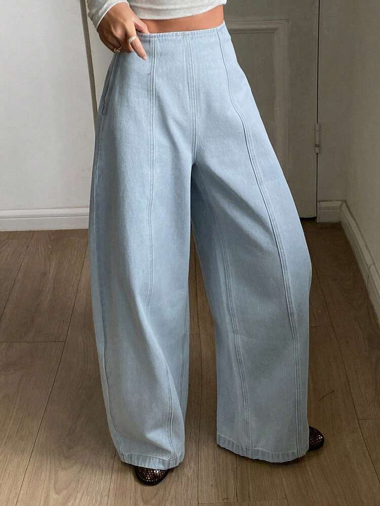 Women's Regular Waist Vertical Line Split Design Casual Barrel Leg Jeans Y2k