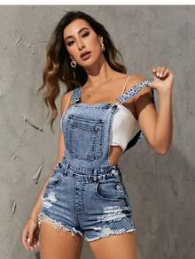 SHEIN PETITE Women's Pocketed Distressed Frayed Hem Fashionable Denim Bib Shorts - Dark Wash - View 5