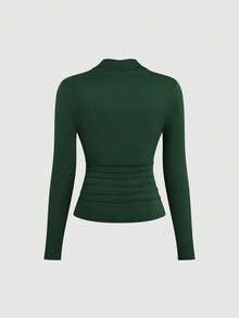 Sweetra Plus Size Women's Solid Color Metal Decor Sweetheart Neck Long Sleeve Fitted T-Shirt - Dark Green - View 2