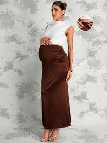 MaterniChic 秋季孕妇优雅纯色褶裥A字裙 - 摩卡棕 - 查看 1
