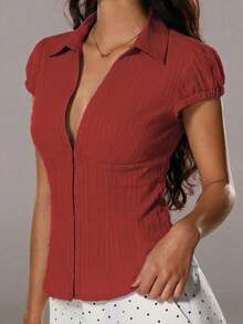 TRNVIE 夏季白色纹理翻领修身胸前纽扣性感OL棉质条纹短袖衬衫 - 紅色 - 查看 6