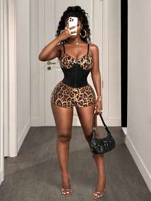 BamGleam Women's Summer Leopard Print Patchwork Bodysuit - Black - View 5