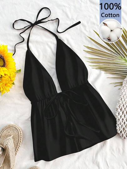 Soleia Camiseta sin espalda con cuello en V y textura 100% algodón negro sexy para mujer, ideal para vacaciones, días festivos, citas, tardes de té, festivales de música, estilo bohemio, isla, vintage, playa romántica, vacaciones, primavera, citas, San Valentín, estilo chica suave, estilo chica limpia