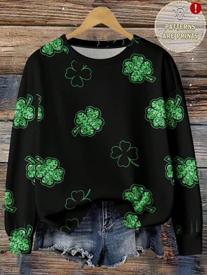 EMERY ROSE Plus Size Women Clover Pattern Casual Crew Neck Long Sleeve Sweatshirt, Versatile For Commuting And Everyday Wear
