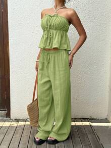 SHEIN EZwear Áo croptop ống rộng buộc dây, gấu quần nhún bèo và quần ống rộng dành cho nữ - trang phục thường ngày thoải mái khi đi nghỉ mát. - Màu xanh chanh - Xem 6