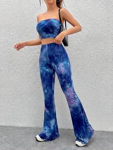 SHEIN EZwear 女士扎染抹胸上衣和喇叭裤两件套，春夏款 - 寶藍色 - 查看 4