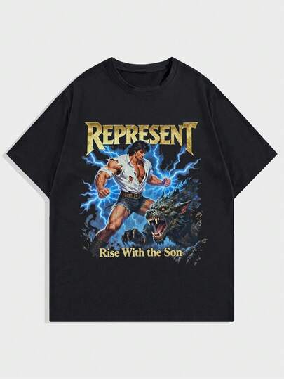 Anime تي شيرت أسود قصير الأكمام مع طباعة شعار شخصية الرسوم المتحركة وحش، ملابس كاجوال عصرية للارتداء اليومي والتنقل، صيفي