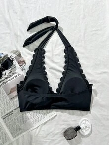 Swim Lushoire 大码女士性感露背花卉饰边夜店泳衣上装 - 黑色 - 查看 2