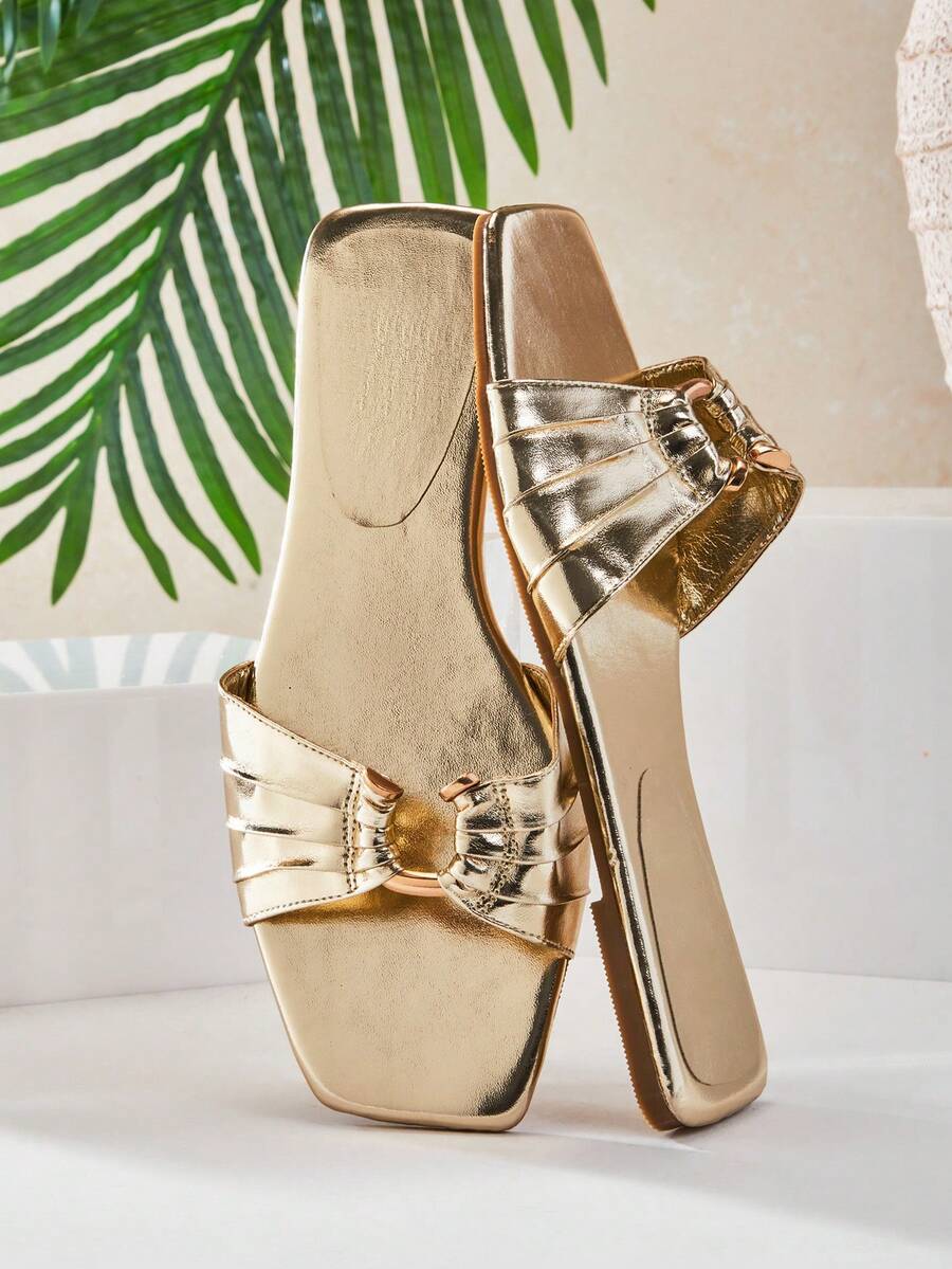 SHUZIA New Fashionable Ladies' Gold Slip-On Sandal Square Toe Sexy Cute Comfortable Holiday Spring Summer Holiday Valentine Vacation Shoes - Gold - View 1