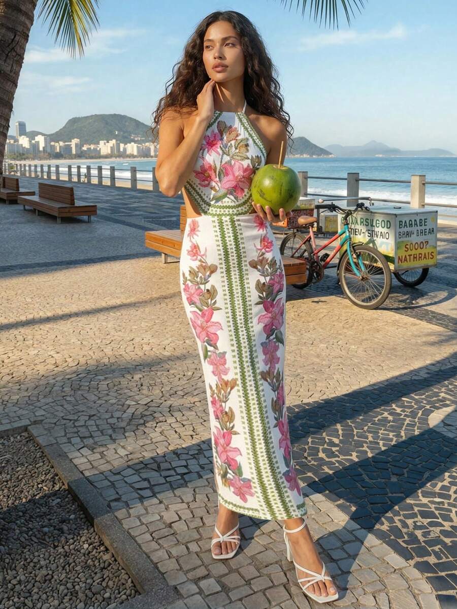 CAJUNI Tropical Vacation Embroidery Flowers Pink Knit Dress - Pink - View 1