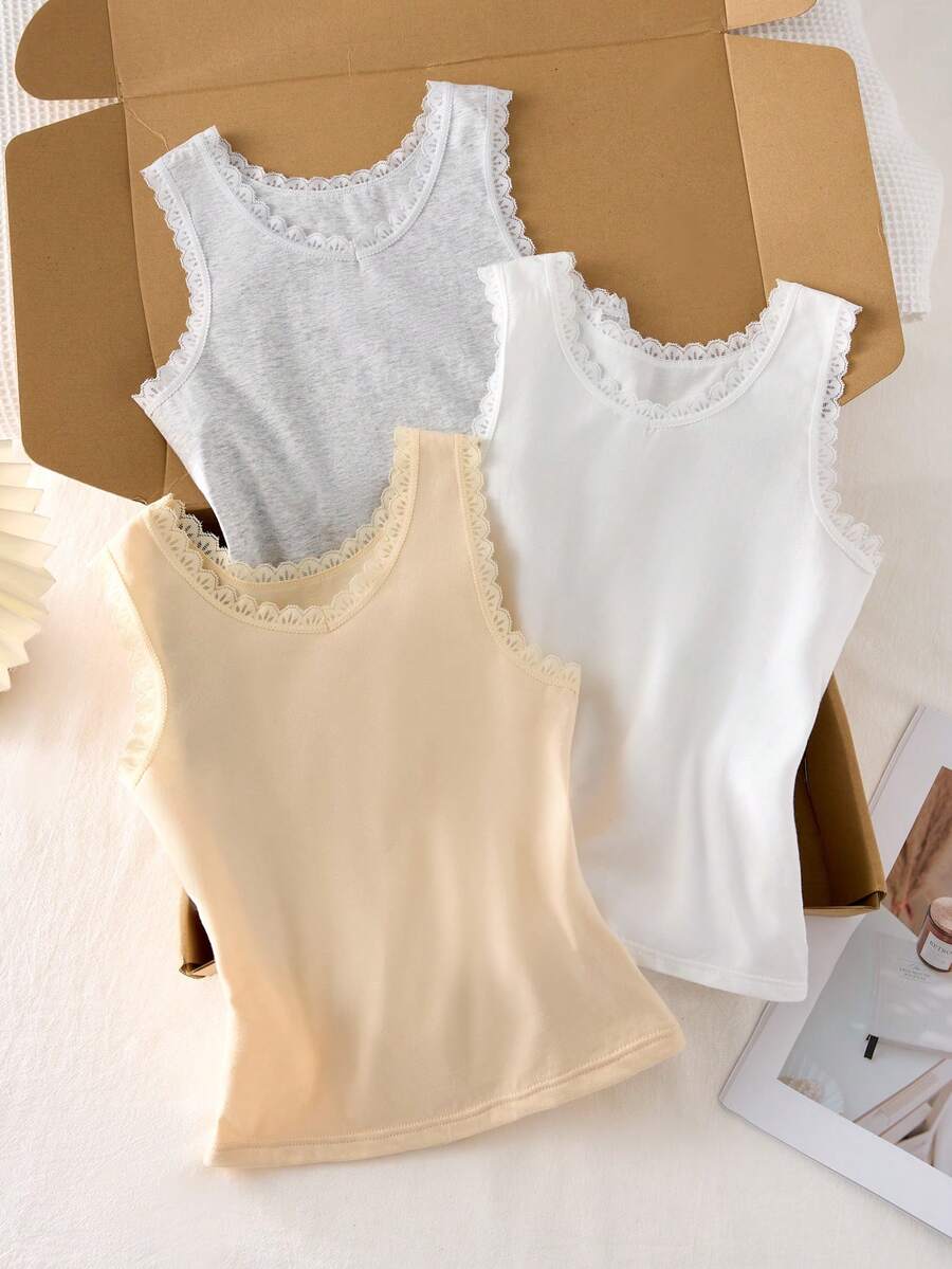 SHEIN Vintaside Kids 3件套少女优雅甜美纯白色蕾丝吊带背心，柔软棉质 - 彩色 - 查看 1