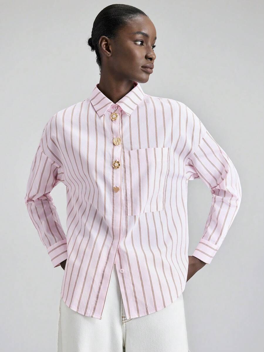 Ontre 女士宽松衬衫，粉色底布搭配棕色条纹，舒适亲肤面料，翻领，长袖，金属纽扣装饰，休闲商务风，高品质都市通勤衬衫 - 彩色 - 查看 1