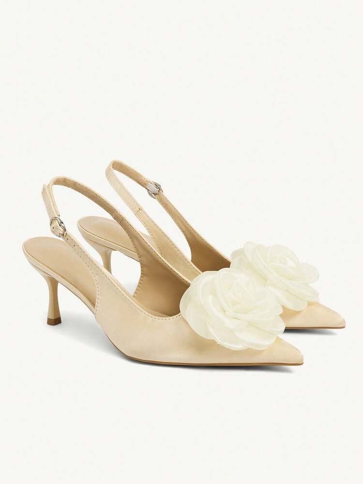 CUCCOO CHICEST Women's Pointed Toe Floral Embellished Mid Heel Pumps, Elegant Sweet Romantic Shallow Pink Satin High Heels, Dress Shoes For Afternoon Tea, Date, Party, New Year, Spring Festival Wedding Shoes Spring Shoes Bride Shoes