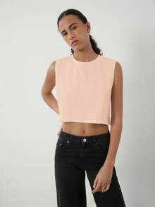 SHEIN BASICS 女士简约休闲纯色露脐背心，夏季百搭棉质露脐上衣，无袖露脐上衣，蜜桃色露脐上衣，粉色露脐上衣，女士上衣 - 粉色 - 查看 6