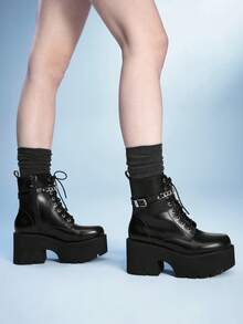 Sugerpunk Giày bốt nữ cổ thấp kiểu punk cổ điển, mũi tròn, gót dày, bốt đế xuồng phong cách Gothic cho các bữa tiệc đêm, bốt chiến đấu thoải mái. - màu đen - Xem 8