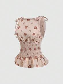 Sweetra Khaki Plaid Embroidered Sleeveless Bow Tie Strap Bohemian Style Summer Women Shirt - Coffee Brown - View 4