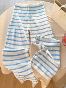 Comfortcana Women's Casual Vacation Drawstring Waist Striped Knit Pants - Blue and White - View 2