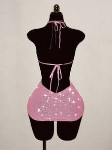 EgrlEra Petite 女士水钻渔网连衣裙，闪亮水钻点缀，性感透视亮片，适合节日派对穿着 - 淺粉色 - 查看 2