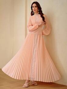 ZEYLAH Elegant Romantic Pleated Lace Patchwork Dress, Spring/Summer - Coral Pink - View 7