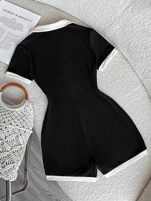 Teen Girl Casual Collegiate Style Polo Collar Romper,Black And White Contrast Color Jumpsuit,Summer Office Versatile Outfit,Preppy Cute Y2K Kids Dress - Black and White - View 2