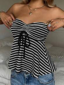 CovetEZ Black & White Striped Knit Ruched Bandeau Top, Summer - Black and White - View 5