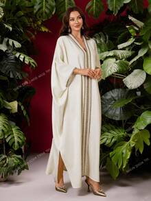 Al Najma Women's V-Neck Faux Pearl Decor Casual Loose Vacation Party Arabic Batwing Sleeve Dress Kaftan Jalabiya Dress - Apricot - View 2