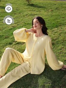 Mulvari 2pcs/Set Front Button Cotton Shirt & Loose Fit Long Pants, Yellow Butter Yellow Set Yellow Sets For Women - Yellow - View 3