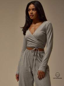 MUSERA ESSENTIALS Wrap Around Tie Long Sleeve Ballet Style Cotton Lounge Top Coord Top Only Winter Cosy Lounge Cute Everyday Lounge  Essential Valentines Day Spring - Grey - View 1