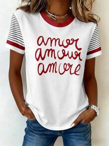 EMERY ROSE Women's AMOR Letter Love Graphic Print Round Neck Tshirt Short Sleeve Tee Tops - Multicolor - View 1