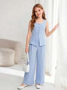 Firerie Kids 2pcs Tween Girls Casual Everyday Commute Light Blue Camisole Top And Leggings Set - Blue - View 3