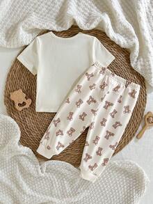 Loomiva 2pcs Baby Boy Cartoon Bear Pattern Knit Soft Round Neck Short Sleeve Top And Elastic Waist Pants Set - White - View 3
