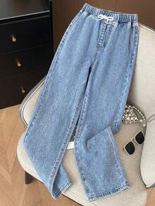 SHEIN 少女时尚雪洗抽绳腰宽松阔腿牛仔裤 - 淺藍色 - 查看 10