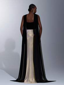 Elitara Elegant, Luxurious, Fashionable, Sexy Black And White Contrast, Velvet Fabric, Coated Fabric, Strapless, Waist Metal Decor Buckle, Fishtail Skirt, Trailing, (Detachable Halter Flounce) Suitable For Vacation, Wedding, Bachelorette Party, Formal Ball Gown, Formal Dinner Dress - Black and White - View 3