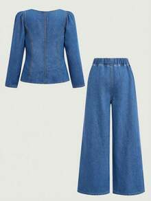 Serisse Kids Tween Girls' Crew Neck Solid Color Raglan Sleeve Front Button Denim Outfit