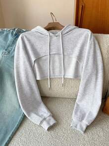 SHEIN EZwear Drawstring Detail Super Crop Hoodie-Black And White,Long Sleeve Tops In Fall/Winter - Light Grey - View 4