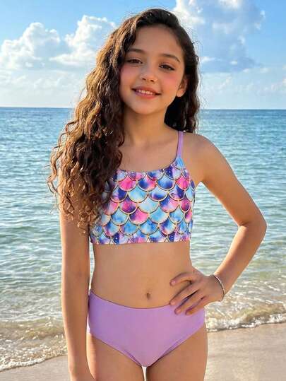 Lila bikinisetter för tweenflickor, konservativa baddräktsset, sjöjungfrubaddräkter, fiskfjällsmönster, söta baddräktsset, linnebaddräkter, lämplig för semester, strand, kust