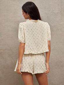 WESTFADE Conjunto a juego de blusa con mangas abullonadas y botones delanteros a cuadros y shorts sueltos con volantes y lazo delantero - Marrón - Ver 2