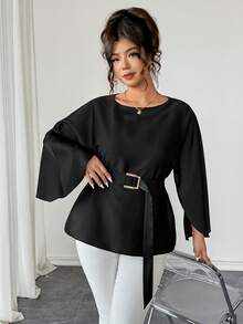 Elenzga Plus Size Women's Elegant French Style Round Neck Flowy Sleeve Self-Tie Waist Shiny Blouse, Spring/Summer/Autumn - Black - View 6