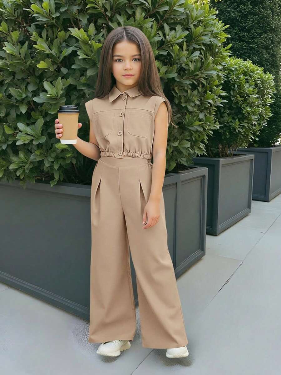 Firerie Kids Firerie Kids Bộ đồ Nova Glow 2 món cho bé gái tuổi teen, áo sơ mi cổ bẻ có túi và quần ống đứng, trang phục đi làm. - Màu Khaki - Xem 1