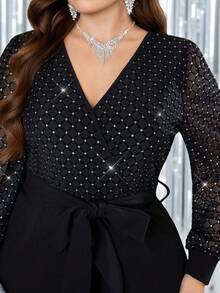 SHEIN Clasi 大码优雅派对银箔网纱拼接连体裤 - 黑色 - 查看 3