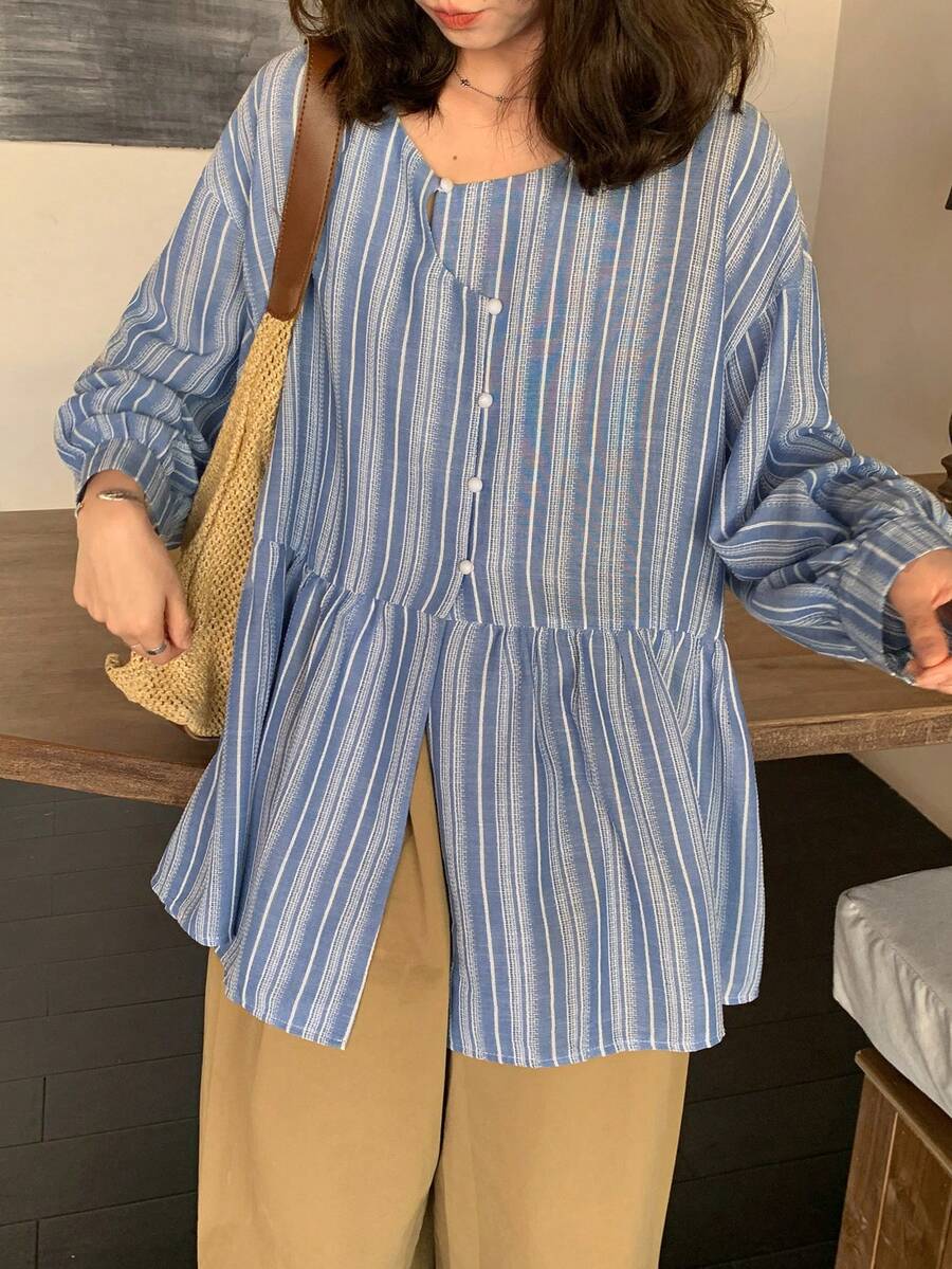 FRIFUL Women's Striped Blue Waist Cinched Special Placket Design Loose Casual Versatile Shirt, Spring/Summer - Blue - View 1